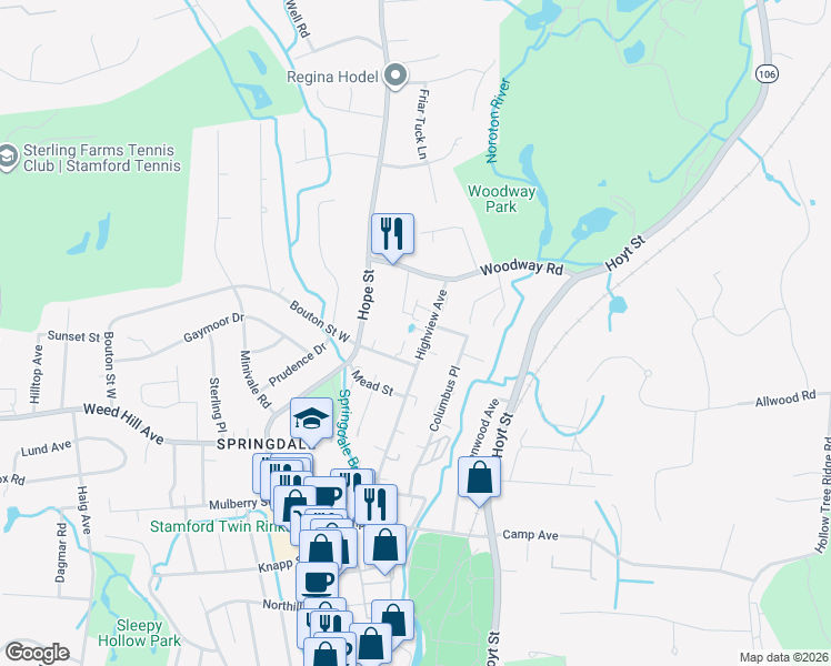 map of restaurants, bars, coffee shops, grocery stores, and more near 16 Bouton Street West in Stamford