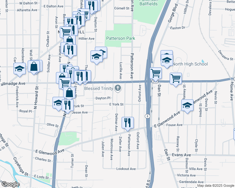 map of restaurants, bars, coffee shops, grocery stores, and more near 575 Delmar Avenue in Akron