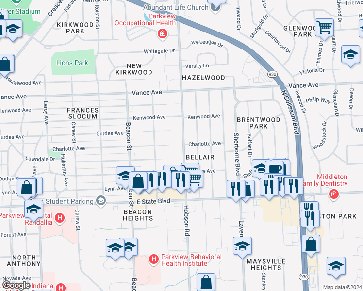 map of restaurants, bars, coffee shops, grocery stores, and more near 2711-2721 Hobson Road in Fort Wayne