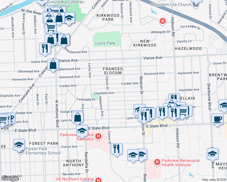 map of restaurants, bars, coffee shops, grocery stores, and more near 2506 Curdes Avenue in Fort Wayne