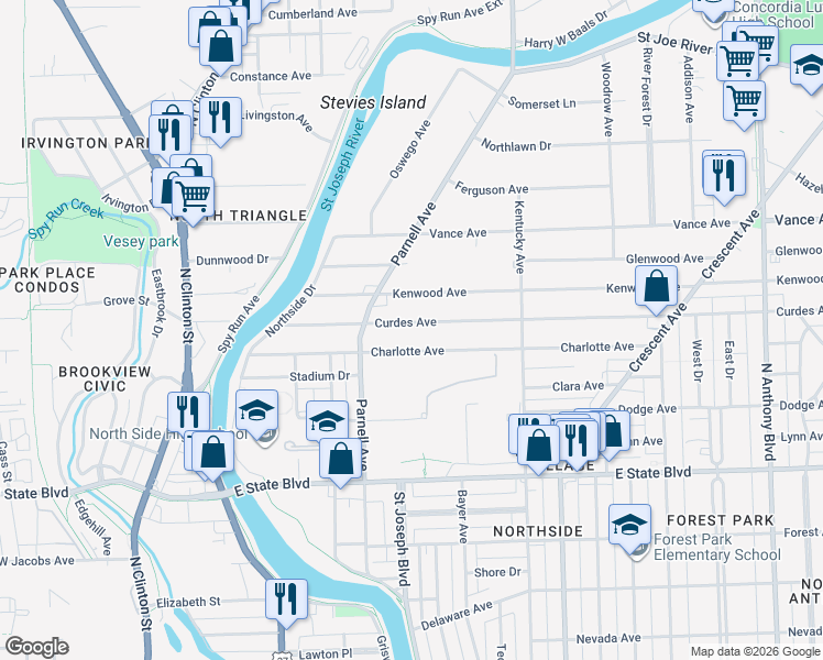 map of restaurants, bars, coffee shops, grocery stores, and more near 811 Curdes Avenue in Fort Wayne