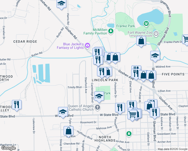 map of restaurants, bars, coffee shops, grocery stores, and more near 2816 Cambridge Blvd in Fort Wayne