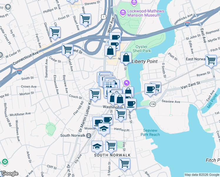 map of restaurants, bars, coffee shops, grocery stores, and more near 10 Ann Street in Norwalk