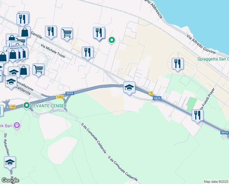 map of restaurants, bars, coffee shops, grocery stores, and more near 6900 Circonvallazione per San San Adriatica 16 in Bari