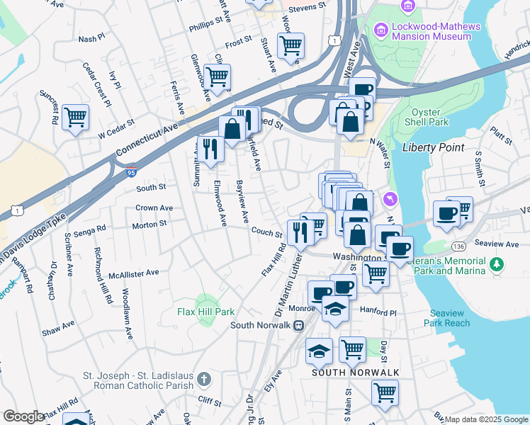 map of restaurants, bars, coffee shops, grocery stores, and more near 23 Fairfield Avenue in Norwalk