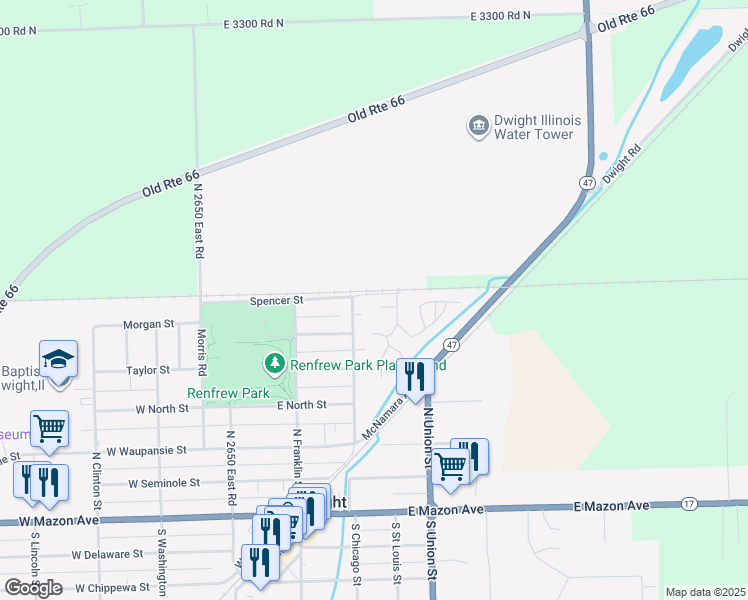 map of restaurants, bars, coffee shops, grocery stores, and more near 300 e Spencer Street in Dwight