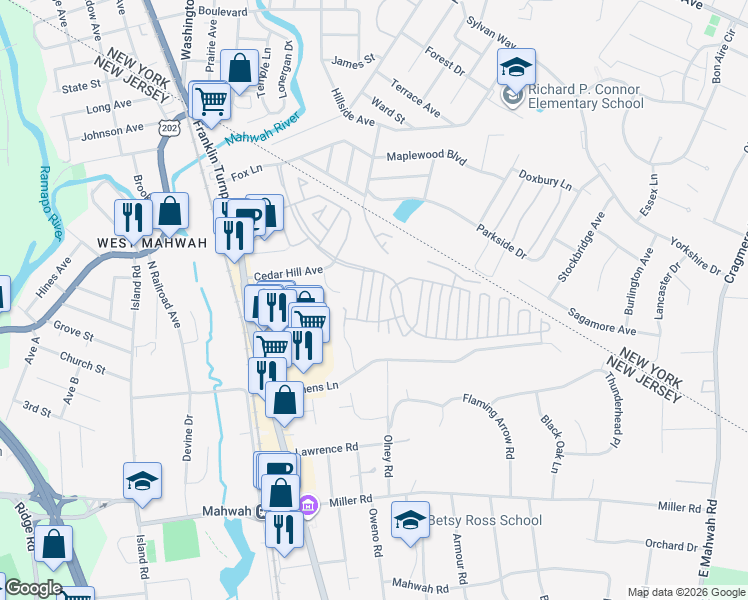 map of restaurants, bars, coffee shops, grocery stores, and more near 2032 Charles Court in Mahwah