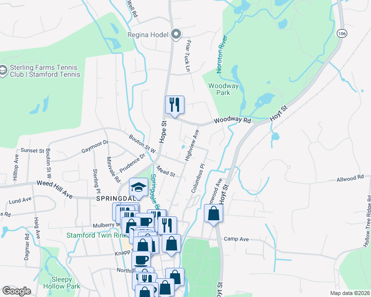 map of restaurants, bars, coffee shops, grocery stores, and more near 16 Bouton Street West in Stamford