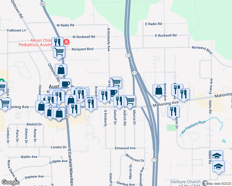 map of restaurants, bars, coffee shops, grocery stores, and more near 5220 Mahoning Avenue in Youngstown