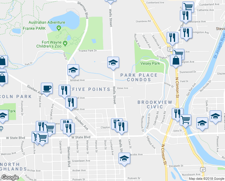 map of restaurants, bars, coffee shops, grocery stores, and more near 2723 North Wells Street in Fort Wayne