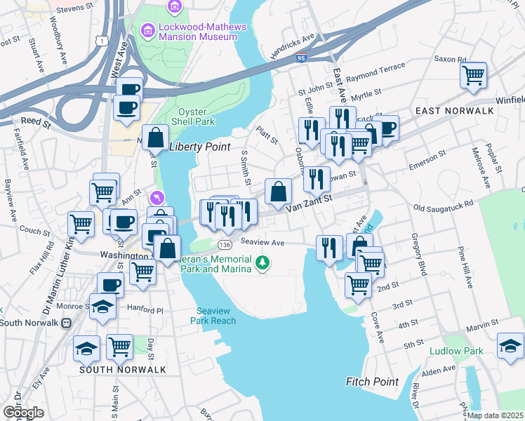 map of restaurants, bars, coffee shops, grocery stores, and more near 3 Van Zant Street in Norwalk