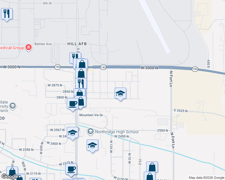 map of restaurants, bars, coffee shops, grocery stores, and more near 215 Engstrom Way in Layton