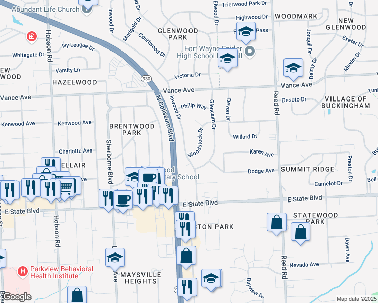 map of restaurants, bars, coffee shops, grocery stores, and more near 2730 Inwood Dr in Fort Wayne