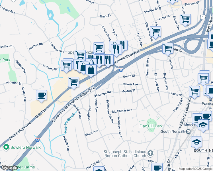 map of restaurants, bars, coffee shops, grocery stores, and more near 1 Horizon Drive in Norwalk