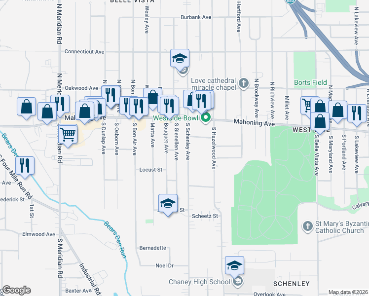 map of restaurants, bars, coffee shops, grocery stores, and more near 50 South Schenley Avenue in Youngstown