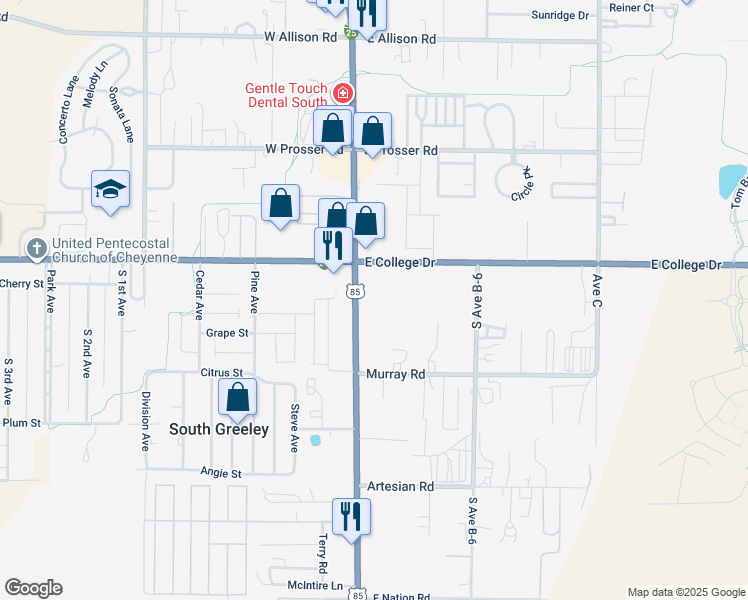 map of restaurants, bars, coffee shops, grocery stores, and more near 1701 South Greeley Highway in Cheyenne