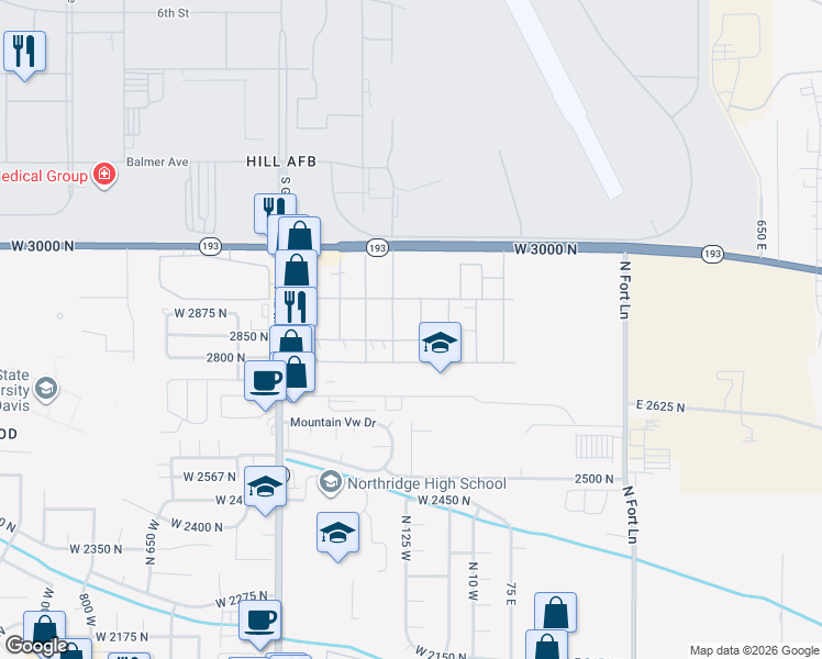 map of restaurants, bars, coffee shops, grocery stores, and more near 205 Darlington Way in Layton