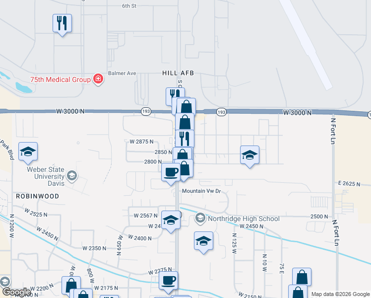 map of restaurants, bars, coffee shops, grocery stores, and more near 72 Atherton Way in Layton