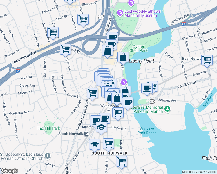 map of restaurants, bars, coffee shops, grocery stores, and more near 81 North Main Street in Norwalk
