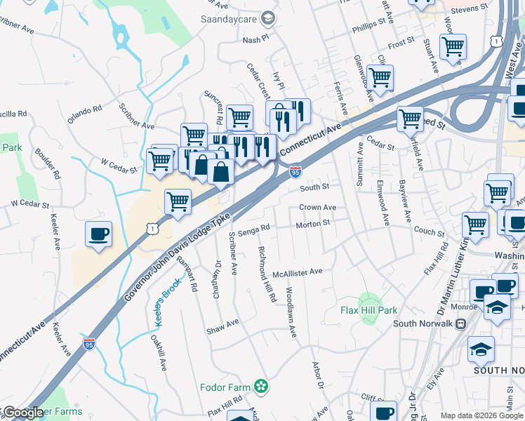 map of restaurants, bars, coffee shops, grocery stores, and more near 1 Horizon Drive in Norwalk