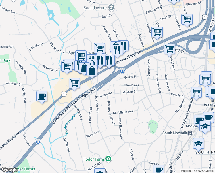 map of restaurants, bars, coffee shops, grocery stores, and more near 1 Horizon Drive in Norwalk