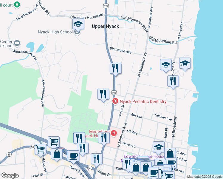 map of restaurants, bars, coffee shops, grocery stores, and more near 315 Route 9W in Nyack