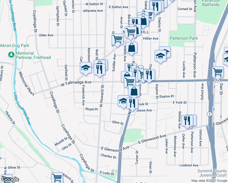 map of restaurants, bars, coffee shops, grocery stores, and more near 57 Leila Street in Akron