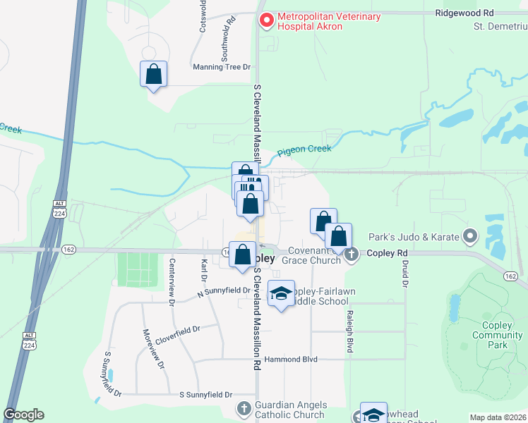 map of restaurants, bars, coffee shops, grocery stores, and more near 1341 South Cleveland Massillon Road in Akron