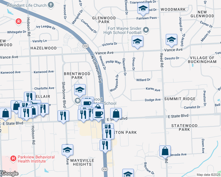 map of restaurants, bars, coffee shops, grocery stores, and more near 2730 Inwood Dr in Fort Wayne