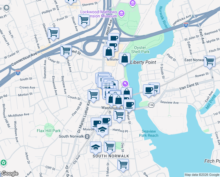map of restaurants, bars, coffee shops, grocery stores, and more near 81 North Main Street in Norwalk