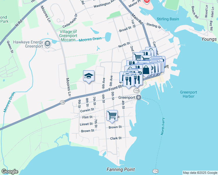 map of restaurants, bars, coffee shops, grocery stores, and more near 502 Front Street in Greenport