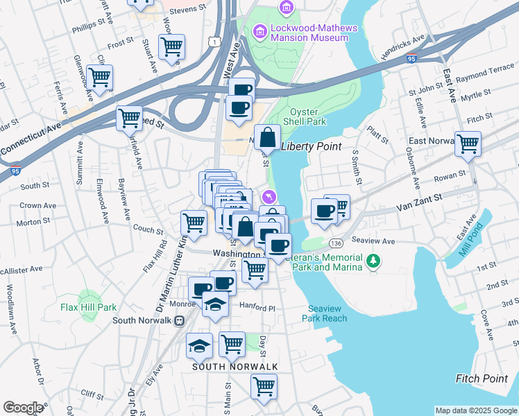 map of restaurants, bars, coffee shops, grocery stores, and more near 11 North Water Street in Norwalk