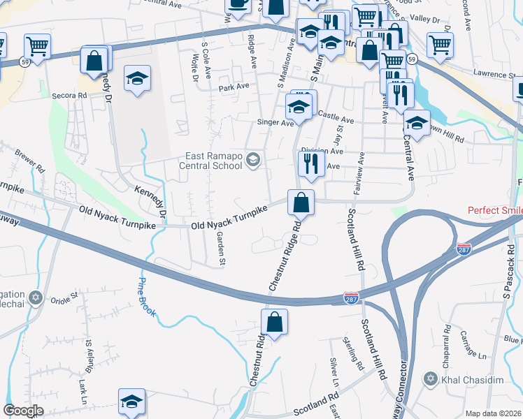 map of restaurants, bars, coffee shops, grocery stores, and more near 214-238 Old Nyack Turnpike in Spring Valley