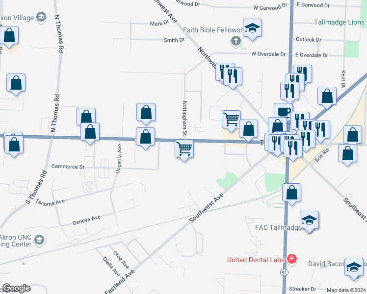 map of restaurants, bars, coffee shops, grocery stores, and more near 205 Ohio 261 in Tallmadge