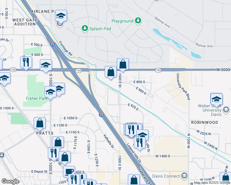 map of restaurants, bars, coffee shops, grocery stores, and more near 900 South 1500 East in Clearfield