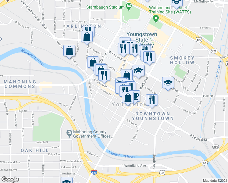 map of restaurants, bars, coffee shops, grocery stores, and more near 213 Federal Plaza W in Youngstown