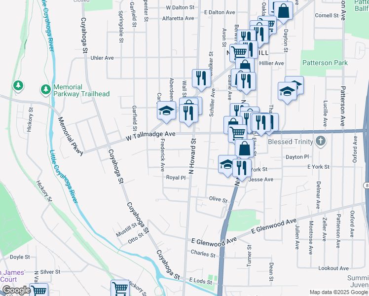 map of restaurants, bars, coffee shops, grocery stores, and more near 17 Vesper Street in Akron