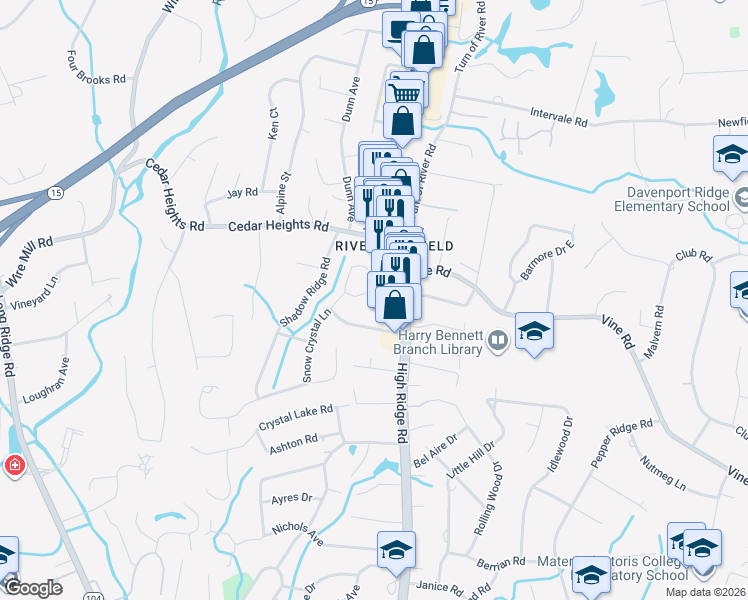 map of restaurants, bars, coffee shops, grocery stores, and more near 16 Corn Cake Lane in Stamford