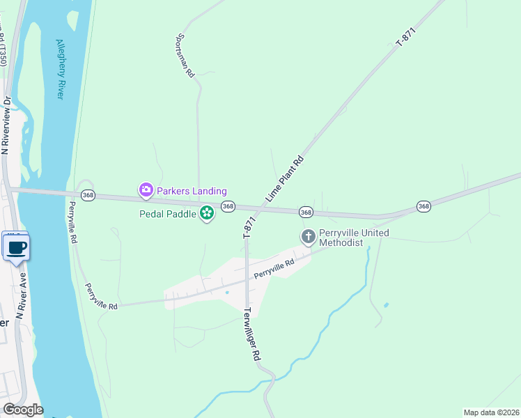 map of restaurants, bars, coffee shops, grocery stores, and more near 549 Pennsylvania 368 in Parker