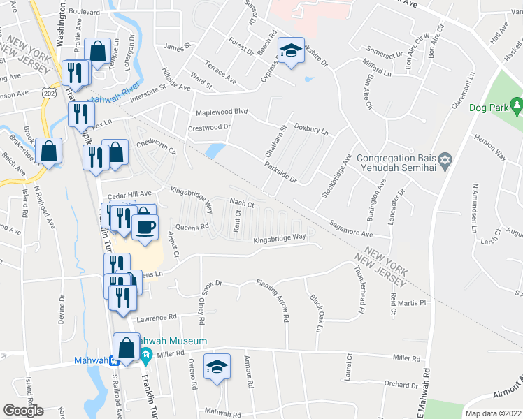 map of restaurants, bars, coffee shops, grocery stores, and more near 2292 Oakham Court in Mahwah
