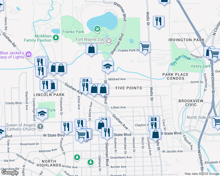 map of restaurants, bars, coffee shops, grocery stores, and more near 829 Elmer Avenue in Fort Wayne