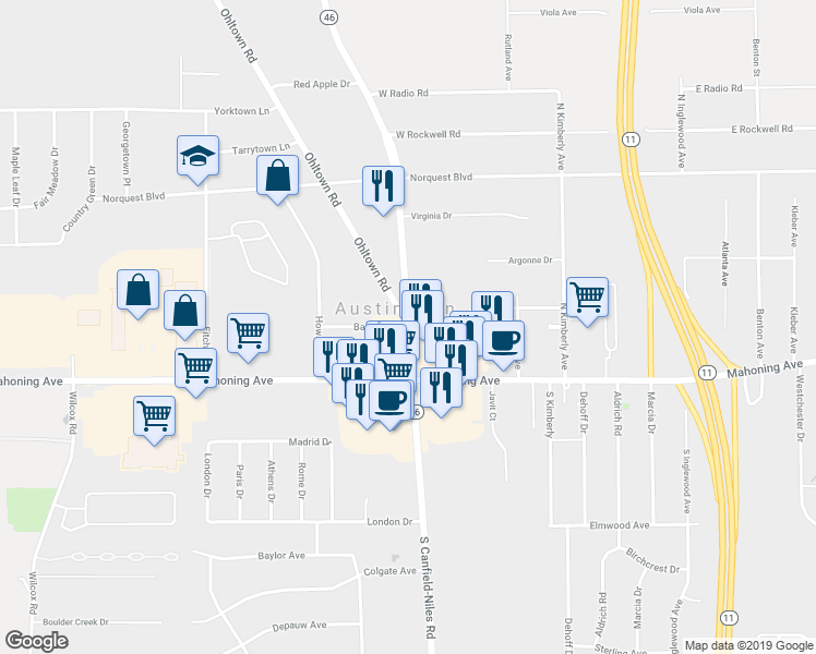 map of restaurants, bars, coffee shops, grocery stores, and more near 44 North Canfield Niles Road in Austintown