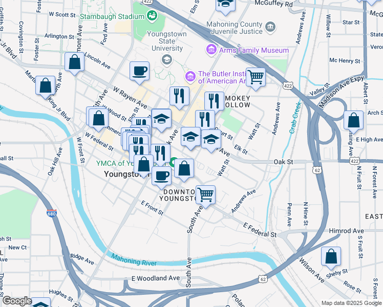 map of restaurants, bars, coffee shops, grocery stores, and more near 118 East Wood Street in Youngstown