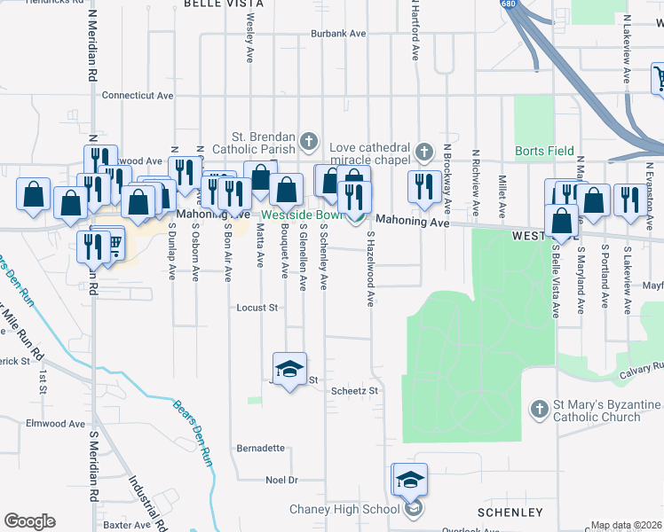 map of restaurants, bars, coffee shops, grocery stores, and more near 50 South Schenley Avenue in Youngstown