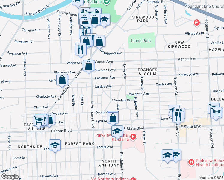 map of restaurants, bars, coffee shops, grocery stores, and more near 2728 Buena Vista Drive in Fort Wayne