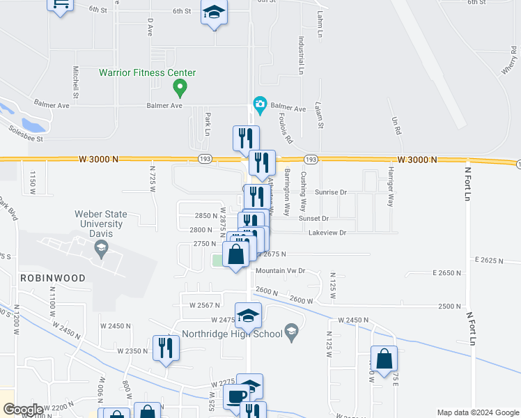 map of restaurants, bars, coffee shops, grocery stores, and more near 72 Atherton Way in Layton