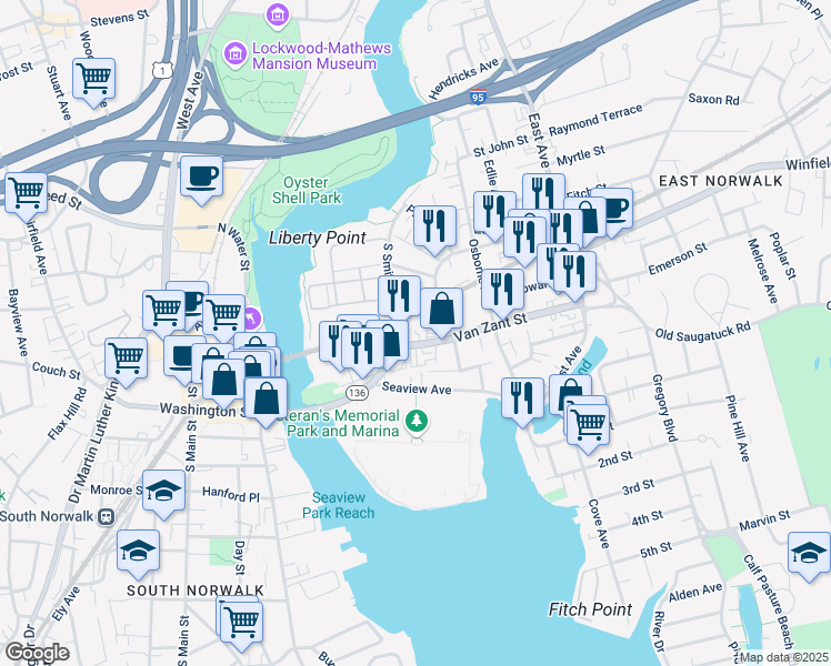 map of restaurants, bars, coffee shops, grocery stores, and more near 7 Van Zant Street in Norwalk