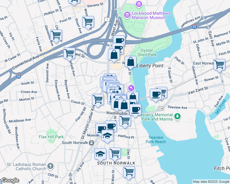 map of restaurants, bars, coffee shops, grocery stores, and more near 81 North Main Street in Norwalk