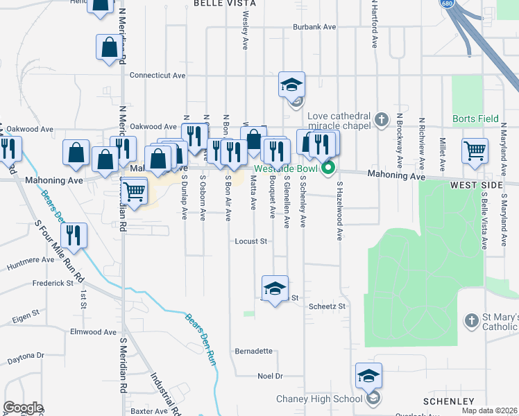 map of restaurants, bars, coffee shops, grocery stores, and more near 53 Matta Avenue in Youngstown