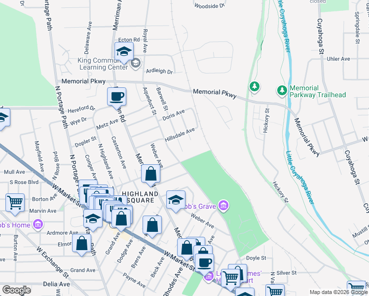 map of restaurants, bars, coffee shops, grocery stores, and more near 424 Barwell Street in Akron